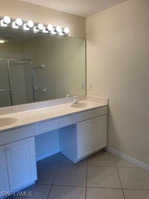 bathroom featuring vanity, tile patterned floors, and a shower with door