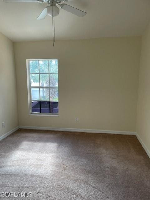 spare room with ceiling fan and carpet