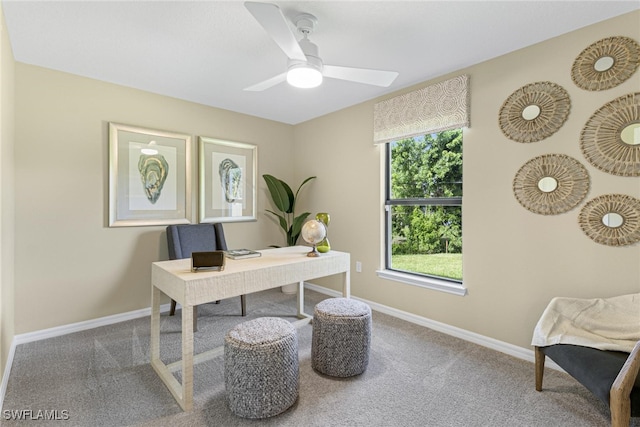 office with carpet flooring and ceiling fan