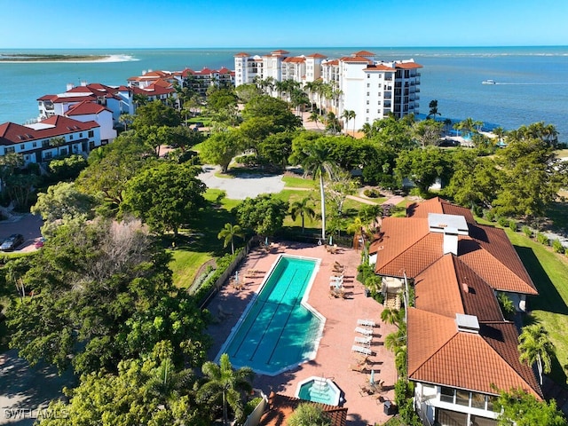 aerial view featuring a water view