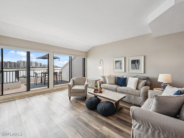 living room featuring vaulted ceiling and wood-type flooring