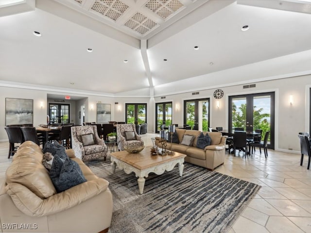 tiled living room featuring french doors