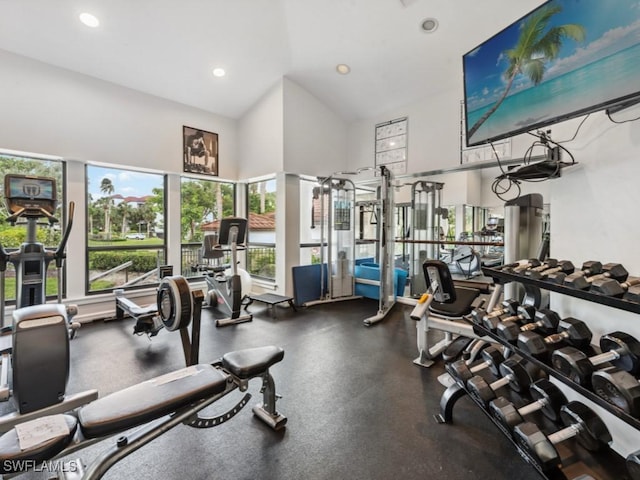 workout area with a towering ceiling