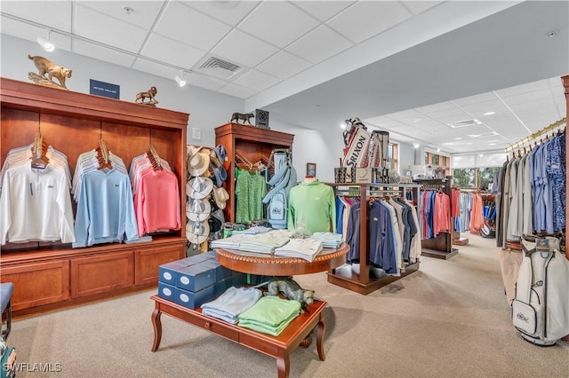 spacious closet featuring light carpet and a drop ceiling