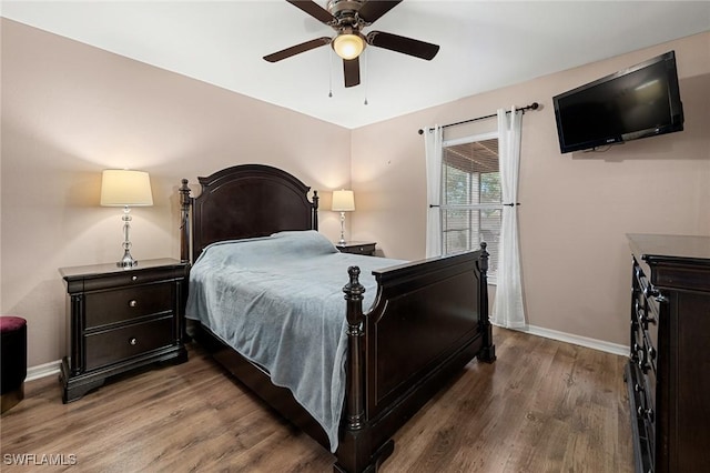 bedroom featuring ceiling fan and wood-type flooring