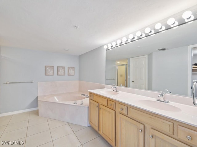 bathroom featuring vanity, tile patterned floors, and plus walk in shower