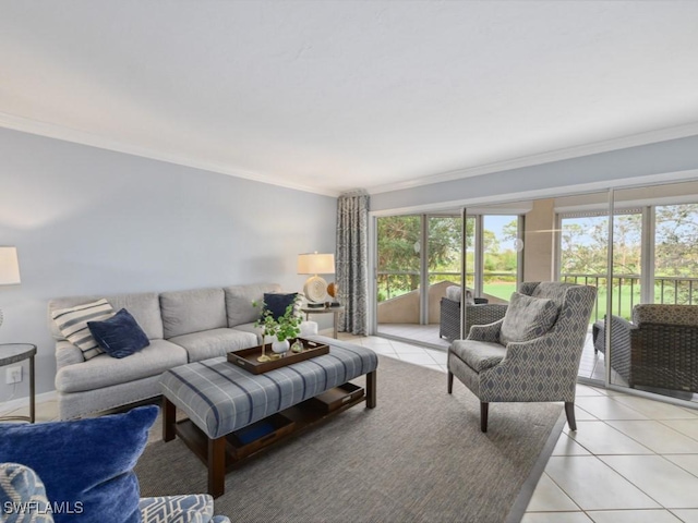 tiled living room with crown molding