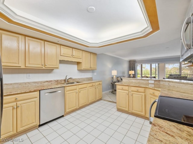 kitchen with light tile patterned flooring, sink, crown molding, light brown cabinets, and appliances with stainless steel finishes