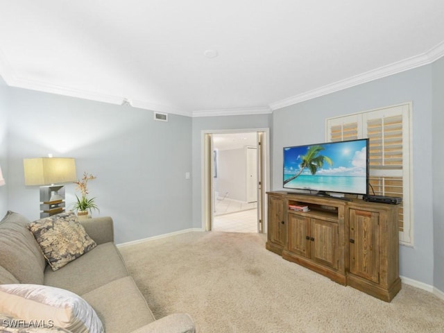 living room with crown molding and light colored carpet