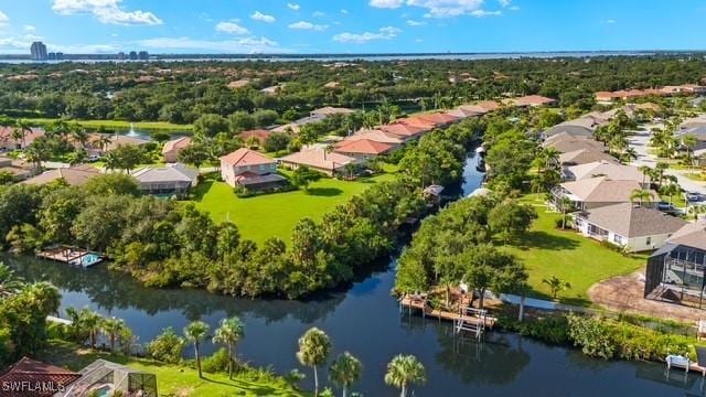 bird's eye view with a water view