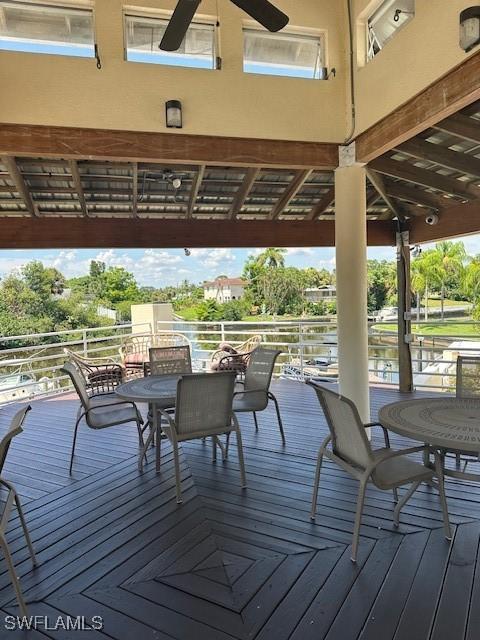 wooden terrace featuring a water view