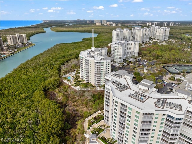 birds eye view of property featuring a water view