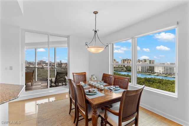 dining area with light wood-style floors, a healthy amount of sunlight, a water view, and a city view