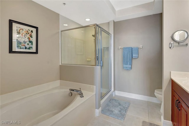 full bathroom with vanity, shower with separate bathtub, tile patterned flooring, and toilet