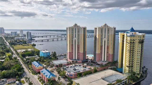 drone / aerial view with a water view