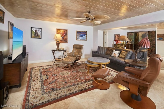 living room with ceiling fan, ornamental molding, and wood ceiling