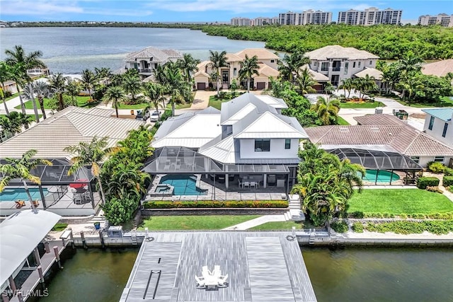 aerial view featuring a water view