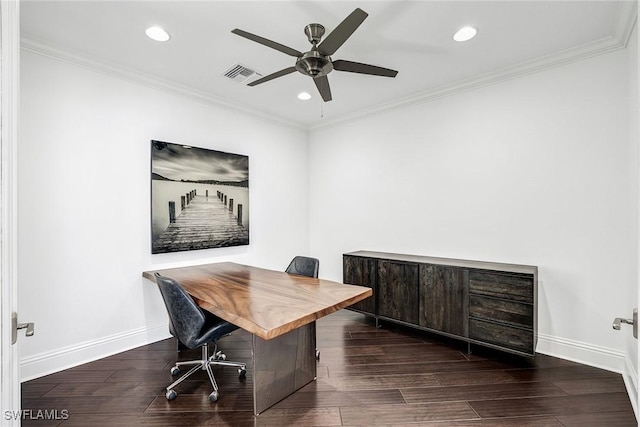 office featuring ceiling fan and ornamental molding