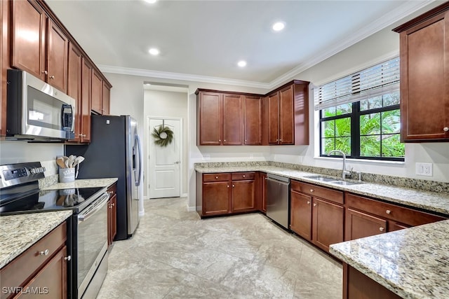 kitchen with sink, light stone counters, crown molding, and appliances with stainless steel finishes