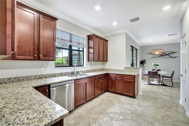 kitchen with stainless steel dishwasher, sink, kitchen peninsula, ornamental molding, and pendant lighting