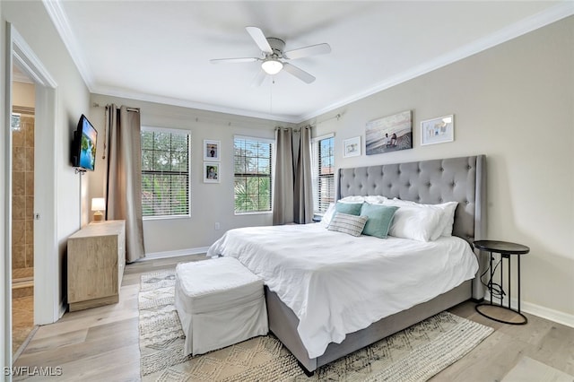 bedroom featuring light wood-type flooring, ceiling fan, and ornamental molding