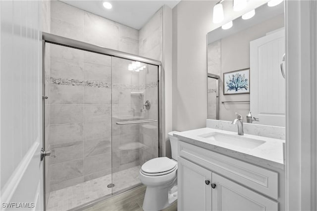 bathroom with vanity, toilet, and a shower with shower door