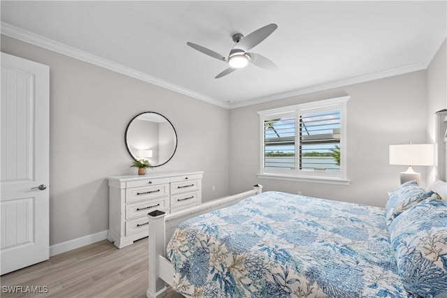 bedroom with crown molding, ceiling fan, and light wood-type flooring