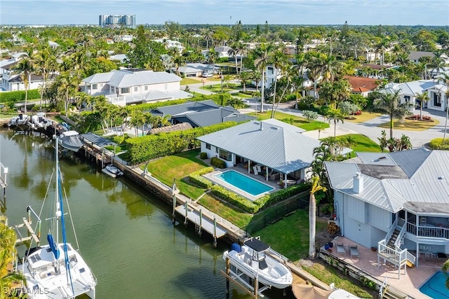 drone / aerial view featuring a water view