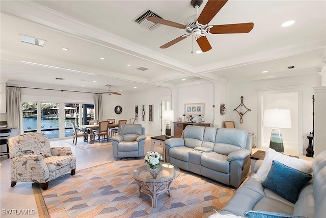 living room with beamed ceiling, ceiling fan, crown molding, and a water view