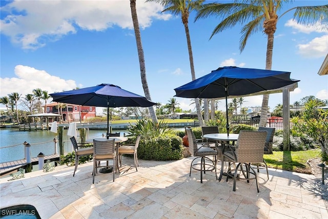 view of patio with a water view and a boat dock