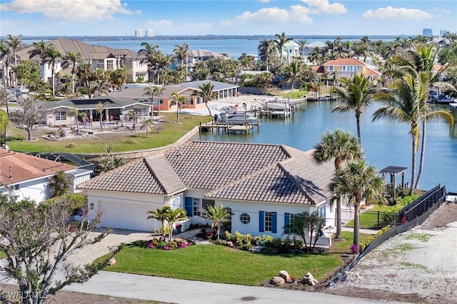 aerial view featuring a water view