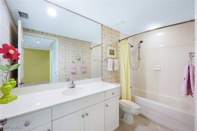 full bathroom with shower / bath combination with curtain, tile patterned floors, vanity, and toilet