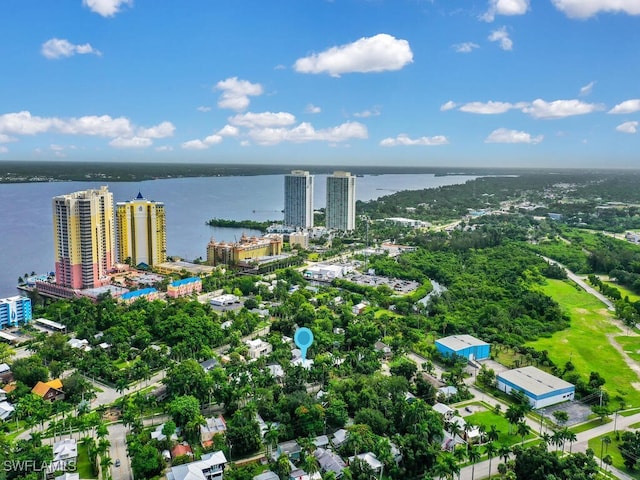 bird's eye view with a water view