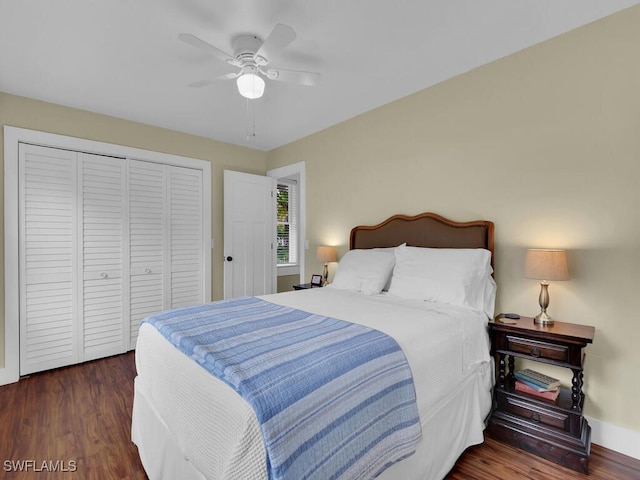 bedroom with dark hardwood / wood-style floors, a closet, and ceiling fan