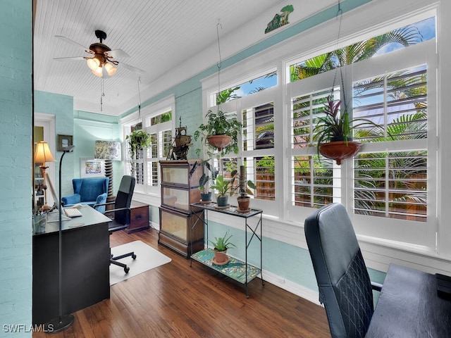 home office featuring ceiling fan and dark hardwood / wood-style flooring