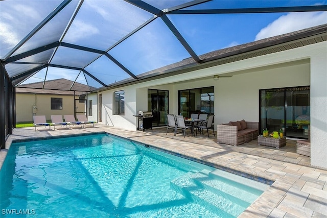 view of swimming pool with a lanai, an outdoor living space, area for grilling, and a patio