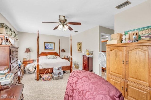 bedroom featuring ceiling fan and light colored carpet