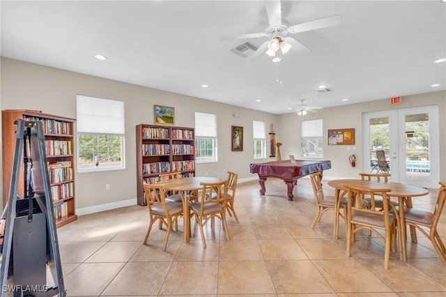 rec room with ceiling fan, light tile patterned floors, billiards, and french doors