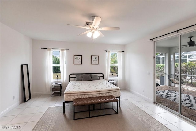 bedroom featuring ceiling fan, access to exterior, and light tile patterned floors