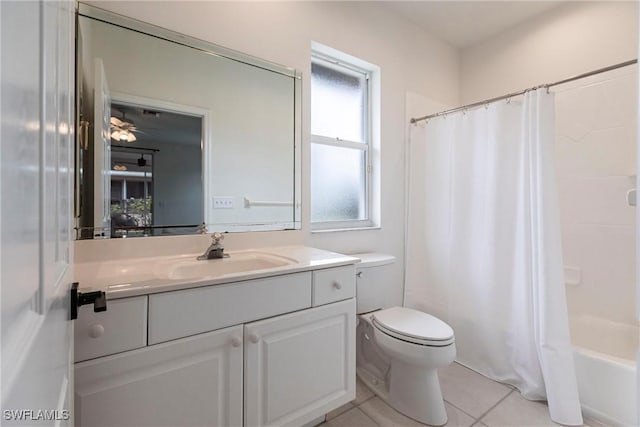 full bathroom with toilet, vanity, tile patterned flooring, and shower / bathtub combination with curtain