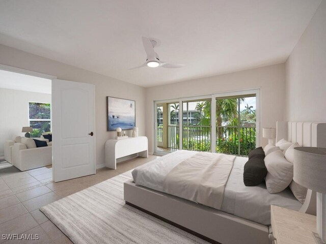 bedroom with access to exterior, light tile patterned floors, and ceiling fan