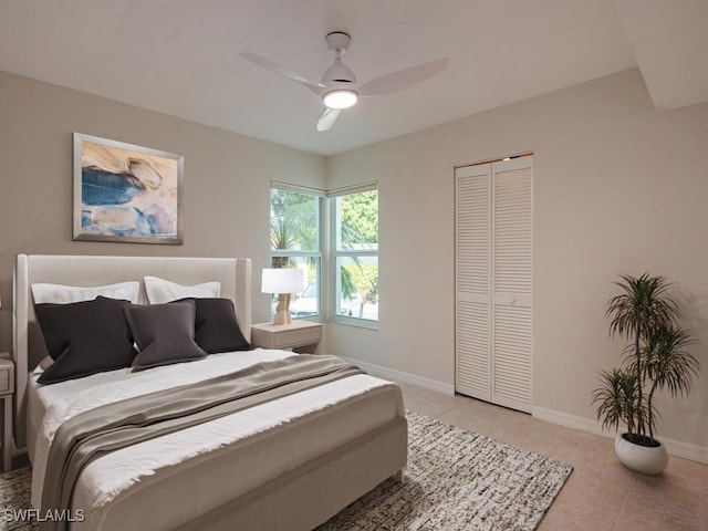 bedroom featuring light tile patterned floors, a closet, and ceiling fan