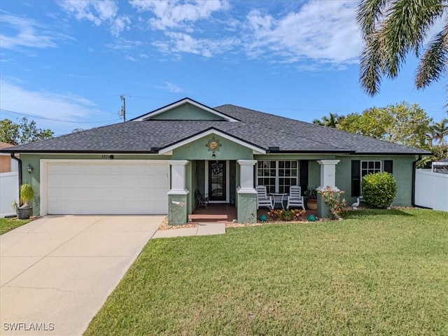 ranch-style home with a garage and a front lawn