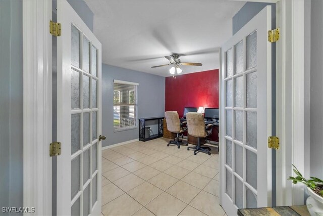 tiled office with french doors and ceiling fan