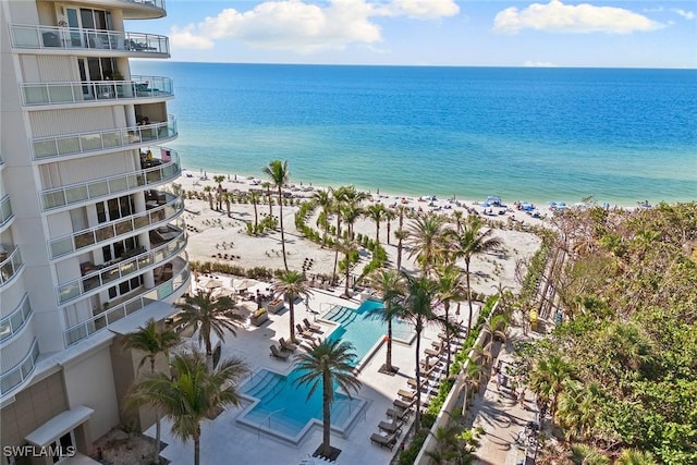 view of water feature with a beach view