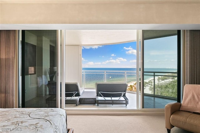 bedroom with carpet floors, floor to ceiling windows, and a water view