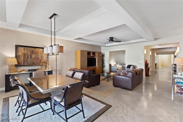 dining room featuring a raised ceiling and ceiling fan