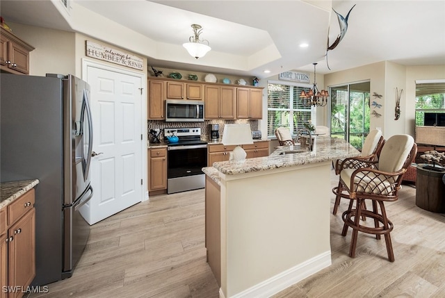 kitchen featuring light wood finished floors, tasteful backsplash, appliances with stainless steel finishes, a center island, and pendant lighting