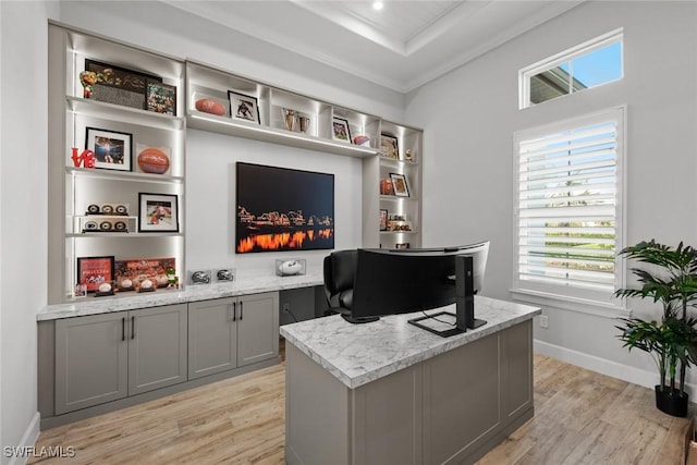 home office with light wood finished floors, baseboards, a tray ceiling, and ornamental molding