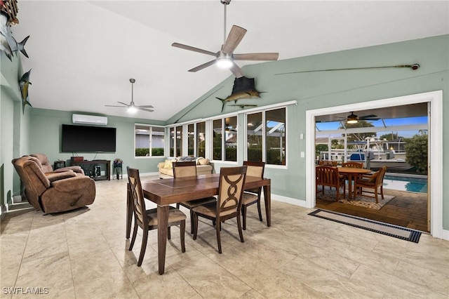 dining area featuring lofted ceiling, a wall unit AC, and ceiling fan